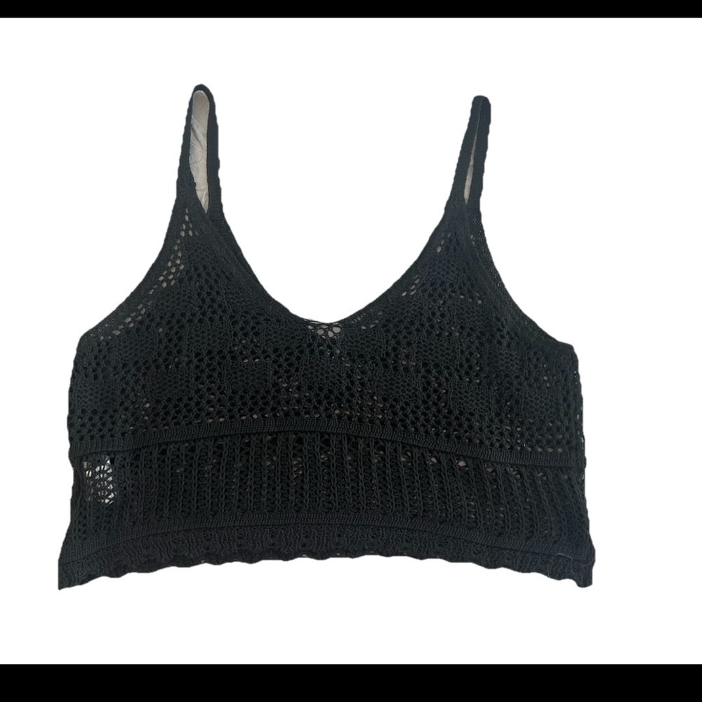 Seasty Crop Top Crocheted with Spaghetti Strap Black Size L (0638)